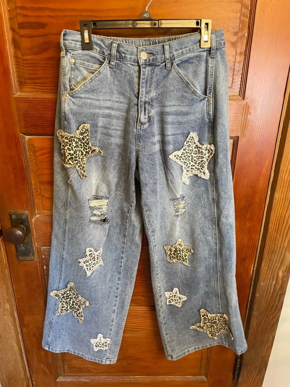 Blue Velvet Relaxed Fit Denim Jeans, Leopard Star Patches, Light Denim, Large - Picture 3 of 7